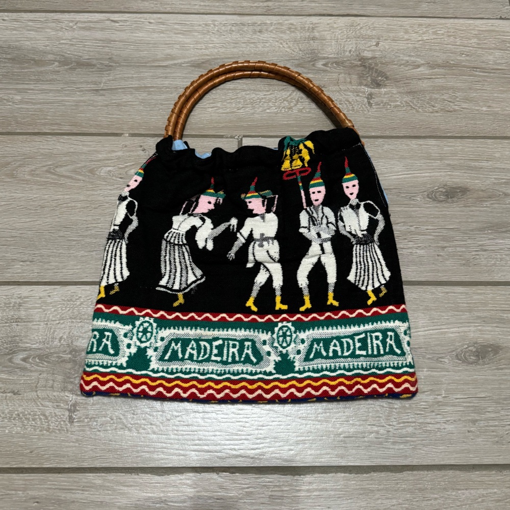 Vintage Madeira Portugal Handmade Boho Woven, Bamboo Handled Purse (Medium)